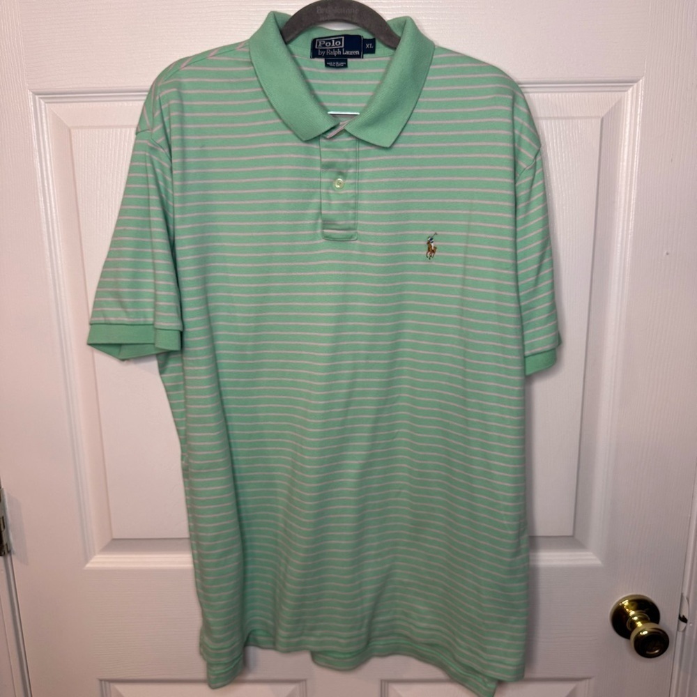 Polo by Ralph Lauren Mens Green Light Pink Striped Shirt Size XL GUC 100% Cotton